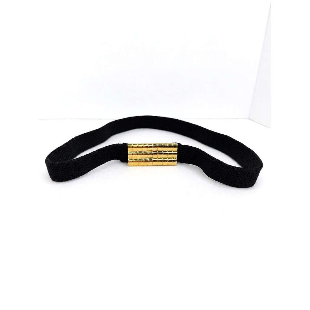 VINTAGE St. John Knit Black Stretch Belt Gold Grid Clasp Avant Garde 80s 90s S